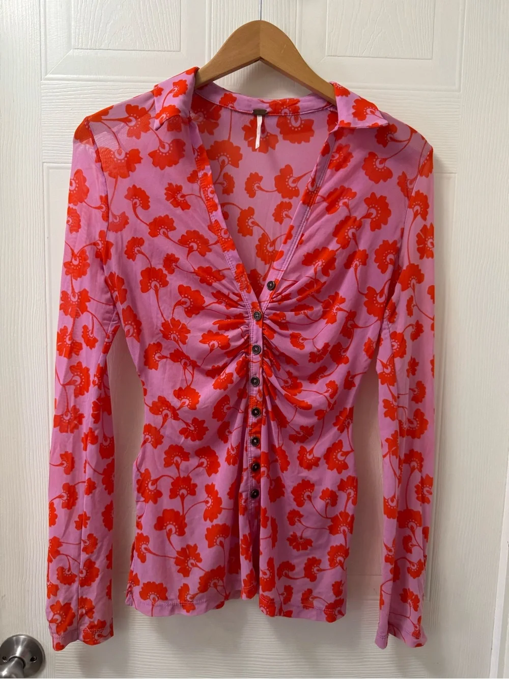 Free People Pink Button-Down Top with Red Floral Print